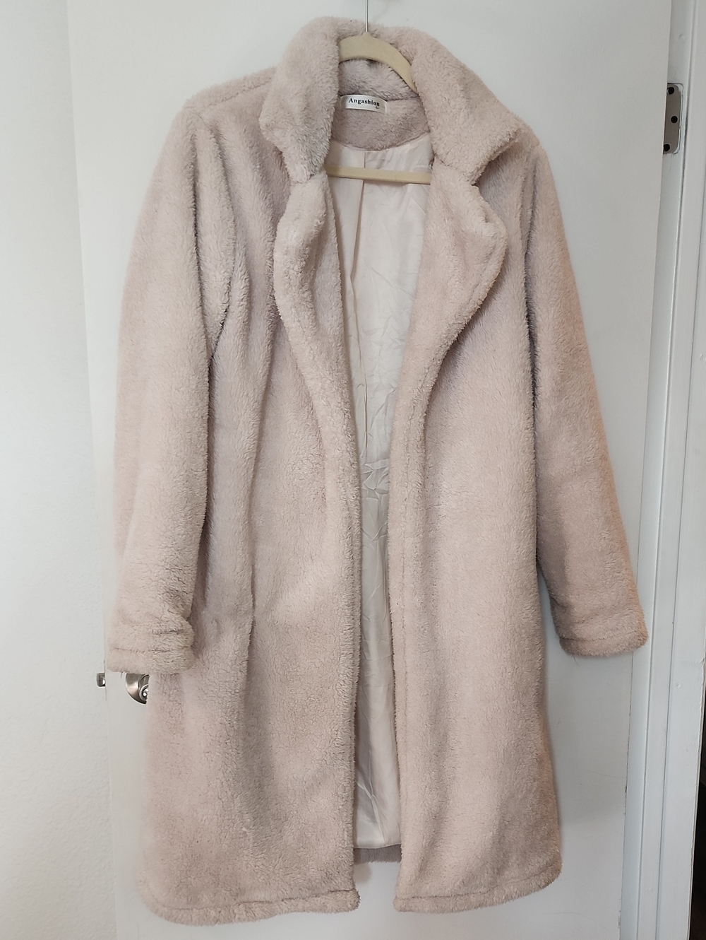 Plush Teddy Coat in Soft Light Beige - Long Open Front Jacket - Picture 1 of 5